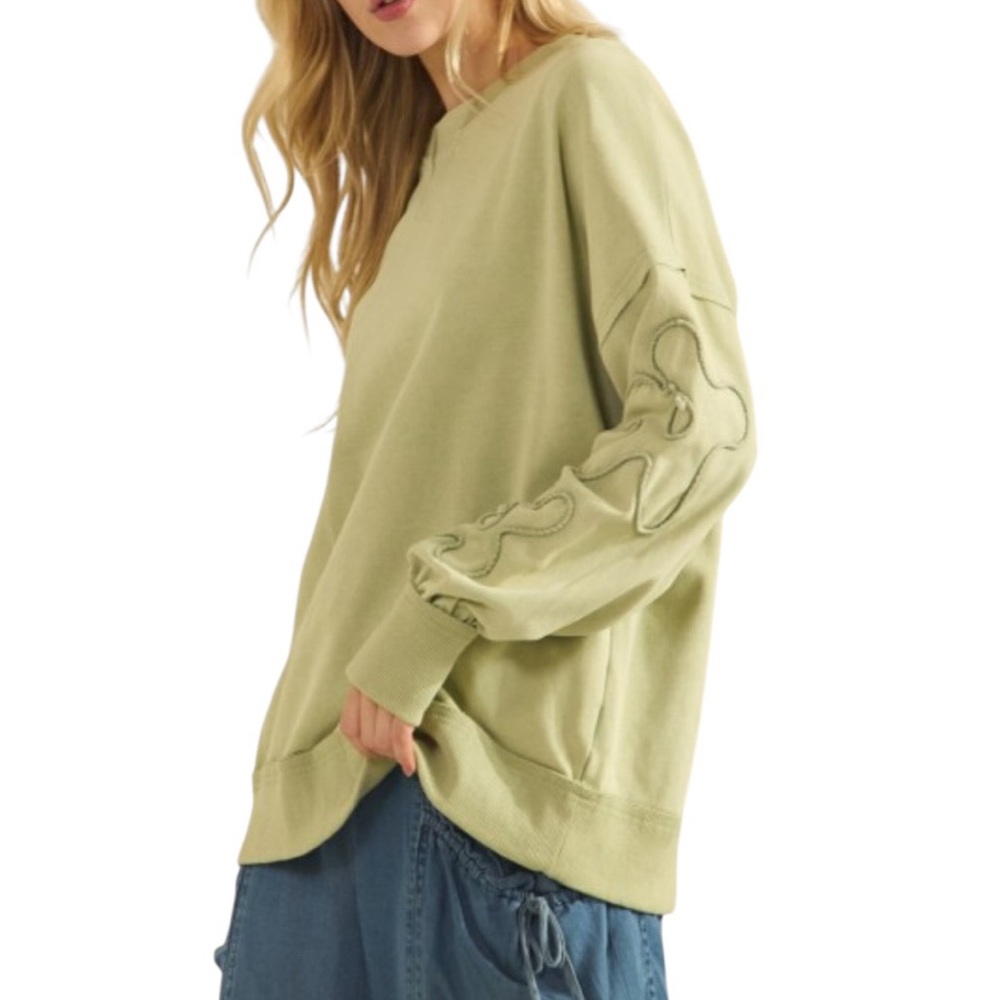 T108 - Sage + Fig Embroidered Floral Sleeve 💯 Cotton Relax Fit Crewneck, Sage - Picture 2 of 4
